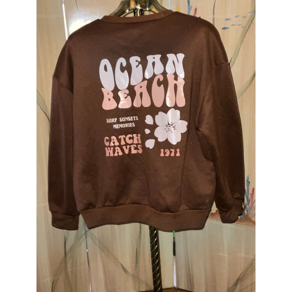 Vintage-Style Shein Brown "Ocean Beach" Sweatshirt Surf Sunsets Memories Catch W